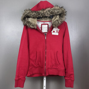 Vintage Y2K Aeropostale Faux Fur Zip Hoodie Juniors Size XL Red Jacket A87 Lined